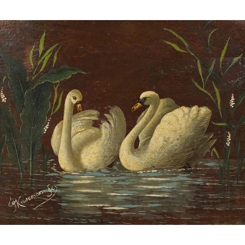 975 - 19th century Dutch school, oil onto wood panel, swans, bearing a signature Kriseman, ornately gilt f... 