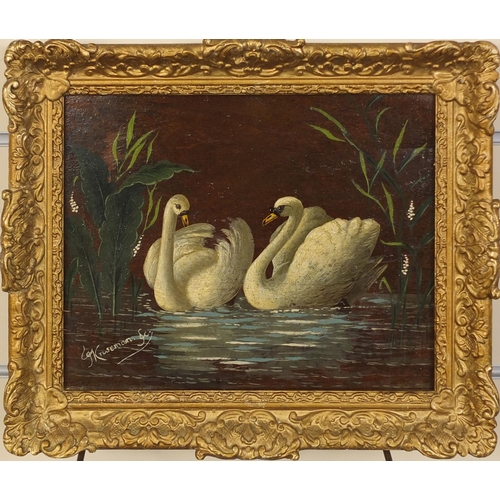 975 - 19th century Dutch school, oil onto wood panel, swans, bearing a signature Kriseman, ornately gilt f... 