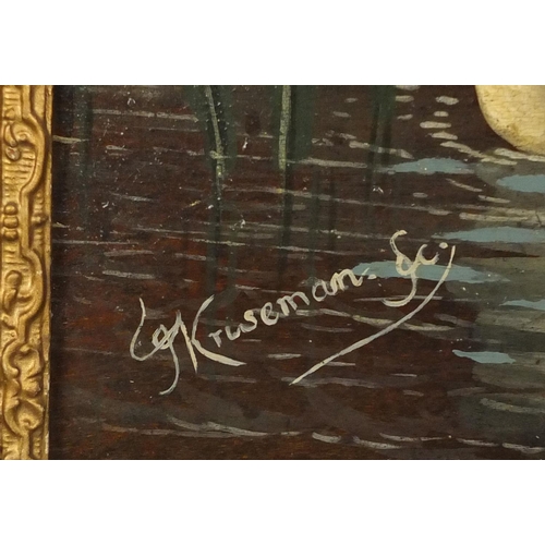 975 - 19th century Dutch school, oil onto wood panel, swans, bearing a signature Kriseman, ornately gilt f... 