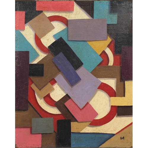 940 - Oil onto canvas abstract composition, geometric shapes, bearing a monogram, mounted and framed, 40cm... 