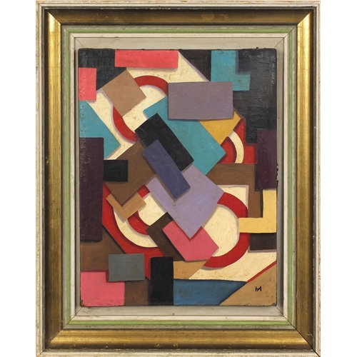 940 - Oil onto canvas abstract composition, geometric shapes, bearing a monogram, mounted and framed, 40cm... 