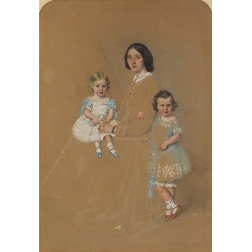 903 - 19th century American school pastel and pencil, mother with two children, bearing an indistinct sign... 