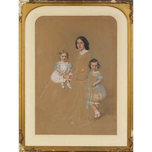 903 - 19th century American school pastel and pencil, mother with two children, bearing an indistinct sign... 