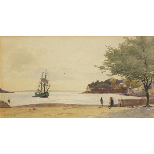 943 - Stanley Inchdold - Watercolour onto paper, moored boats coastal scene, mounted and framed, 33cm x 17... 