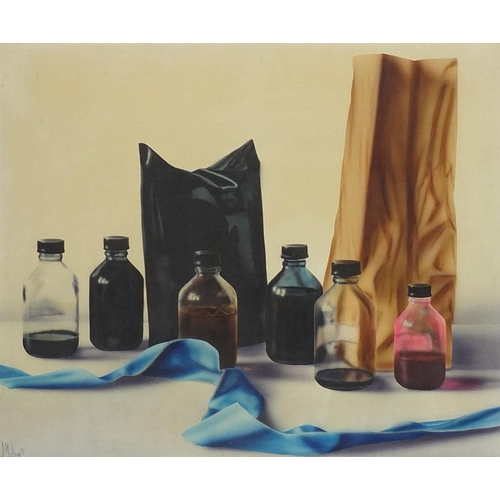 894 - Dominique Mulhem 1978 - Acrylic onto canvas, still life bottles, signed, stamped and accompanied pap... 