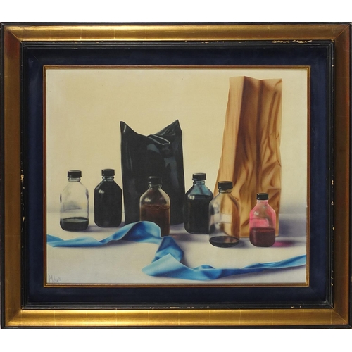 894 - Dominique Mulhem 1978 - Acrylic onto canvas, still life bottles, signed, stamped and accompanied pap... 