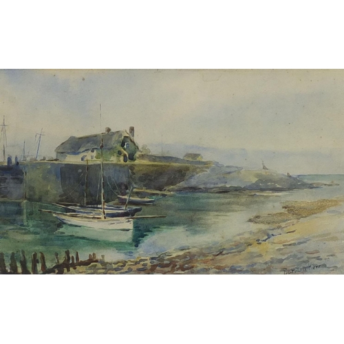 958 - Barbar Kerr - Watercolour, moored fishing boats, mounted and framed, 25cm x 16cm excluding the mount... 