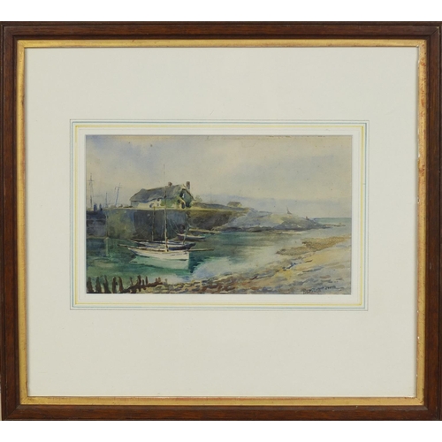 958 - Barbar Kerr - Watercolour, moored fishing boats, mounted and framed, 25cm x 16cm excluding the mount... 