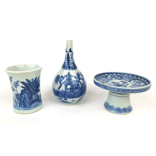 399 - Group of Chinese blue and white porcelain, comprising a bottle vase hand painted with a river landsc... 