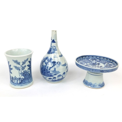 399 - Group of Chinese blue and white porcelain, comprising a bottle vase hand painted with a river landsc... 