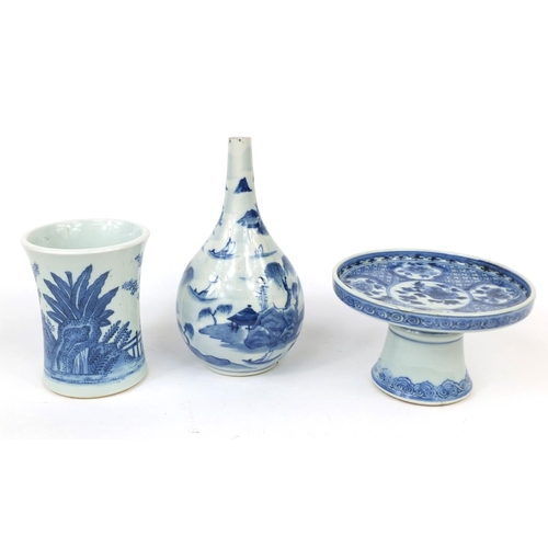 399 - Group of Chinese blue and white porcelain, comprising a bottle vase hand painted with a river landsc... 