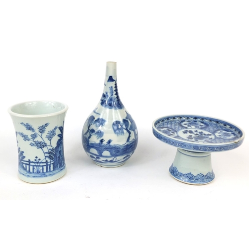 399 - Group of Chinese blue and white porcelain, comprising a bottle vase hand painted with a river landsc... 