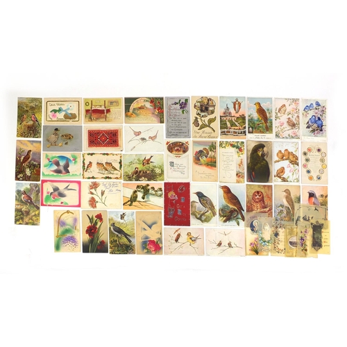 213 - Group of postcards including greetings, celluloid and bird examples