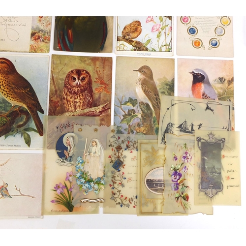 213 - Group of postcards including greetings, celluloid and bird examples