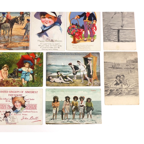 212 - Group of postcards including bank notes, saucy seaside and children examples