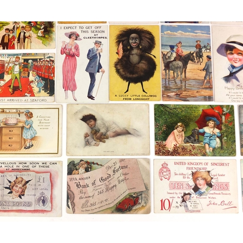 212 - Group of postcards including bank notes, saucy seaside and children examples