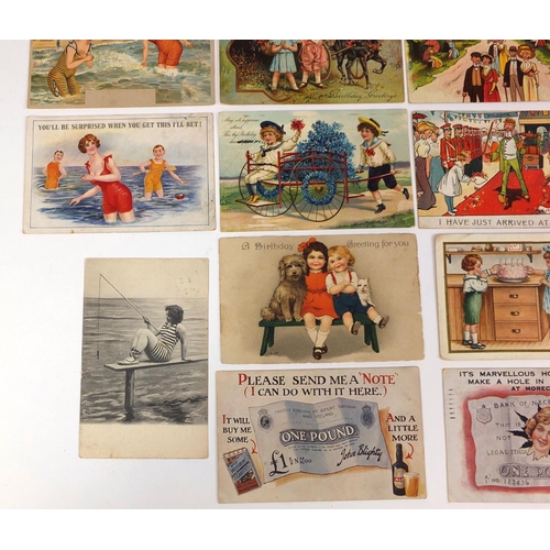 212 - Group of postcards including bank notes, saucy seaside and children examples