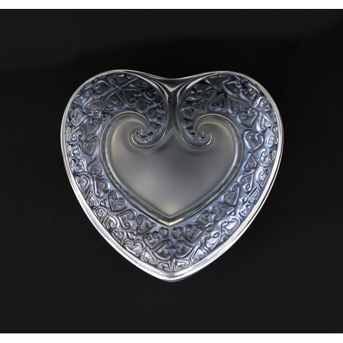 591 - Lalique clear and frosted glass heart shaped box and cover, the top decorated with scattered hearts,... 