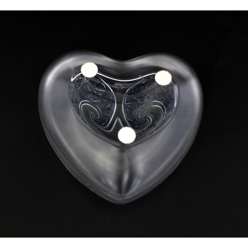 591 - Lalique clear and frosted glass heart shaped box and cover, the top decorated with scattered hearts,... 