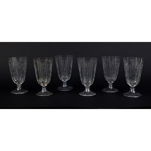 570 - Set of six 19th century Josef Lobmeyr fluted drinking glasses, each etched with birds and foliage, e... 