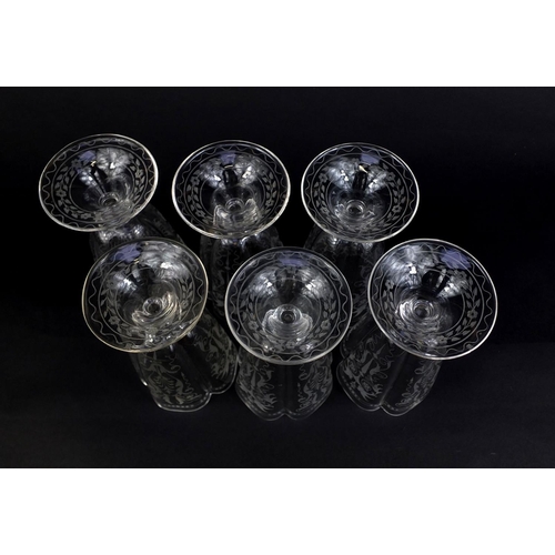 570 - Set of six 19th century Josef Lobmeyr fluted drinking glasses, each etched with birds and foliage, e... 