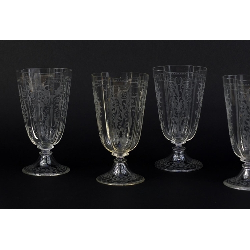 570 - Set of six 19th century Josef Lobmeyr fluted drinking glasses, each etched with birds and foliage, e... 