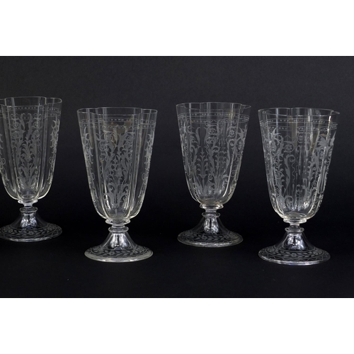 570 - Set of six 19th century Josef Lobmeyr fluted drinking glasses, each etched with birds and foliage, e... 