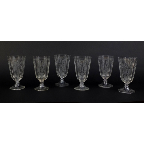 570 - Set of six 19th century Josef Lobmeyr fluted drinking glasses, each etched with birds and foliage, e... 