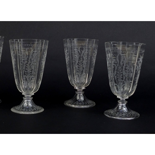 570 - Set of six 19th century Josef Lobmeyr fluted drinking glasses, each etched with birds and foliage, e... 