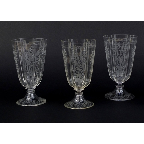 570 - Set of six 19th century Josef Lobmeyr fluted drinking glasses, each etched with birds and foliage, e... 