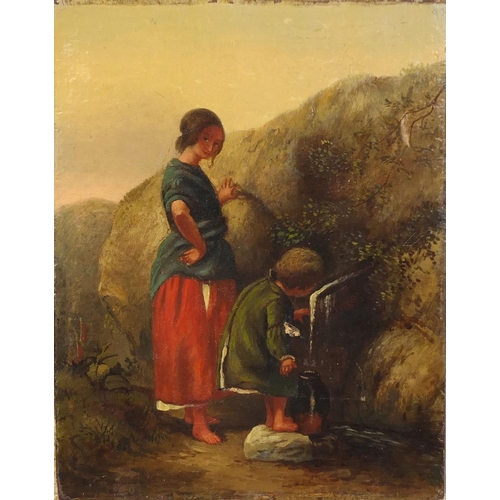 978 - Unframed Victorian oil onto canvas, young boy with his mother collecting water, inscribed verso, 21c... 