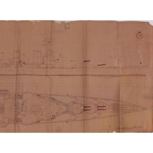 278 - Unfinished hand drawn plan of the HMS Hood, was prepared by Norman A Ough who left it unfinished at ... 