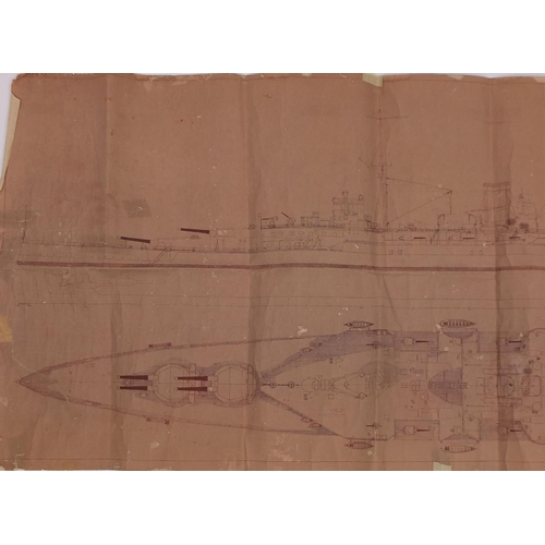 278 - Unfinished hand drawn plan of the HMS Hood, was prepared by Norman A Ough who left it unfinished at ... 