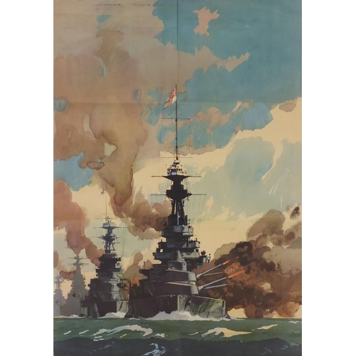 176 - Military interest Roland Hilder forward to victory poster, depicting two battle ships at sea, 100cm ... 