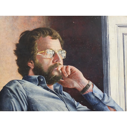 948 - James Kelso - Acrylic onto board portrait, Peter Kettle, titled and inscribed verso, framed, 49cm x ... 