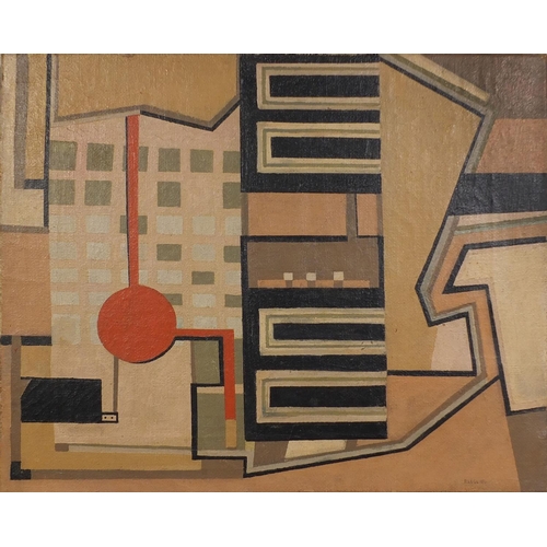 895 - Unframed oil onto canvas, abstract composition, geometric shapes, bearing a signature Leger, 68cm x ... 