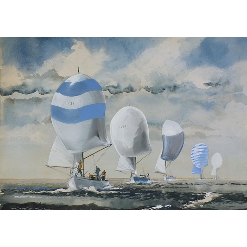 1040 - Dion Pears - Watercolour and gouache, racing yachts at sea, mounted and framed, 80cm x 56cm excludin... 