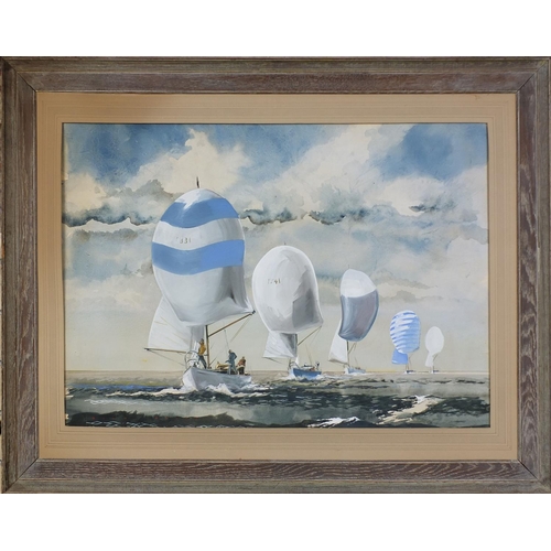 1040 - Dion Pears - Watercolour and gouache, racing yachts at sea, mounted and framed, 80cm x 56cm excludin... 