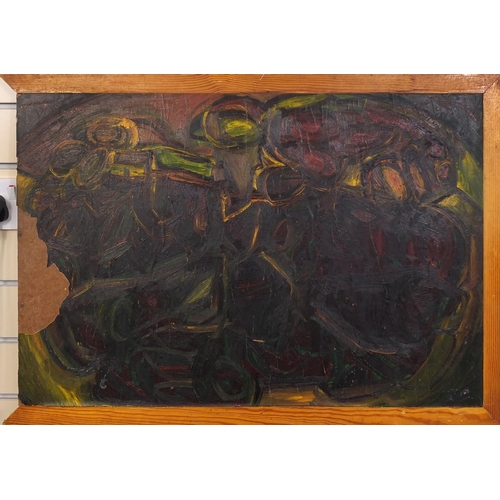 945 - Pair of oil onto boards, abstract compositions, figures in a landscape, both bearing a monogram J.C,... 