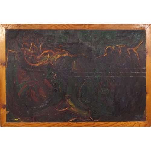 945 - Pair of oil onto boards, abstract compositions, figures in a landscape, both bearing a monogram J.C,... 