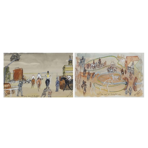 127 - Two horse racing interest watercolour and gouache, one titled 'One Going Down to the Start New Marke... 