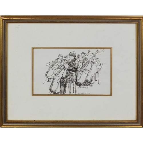 1054 - Martha Markowsky - Ink sketch, four Cellist titled and labelled verso, mounted and gilt framed, 20cm... 