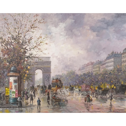 1053 - Hermann - Oil onto board, busy Parisian street scene, titled and label verso, mounted and gilt frame... 