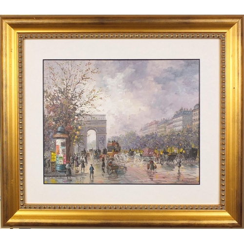 1053 - Hermann - Oil onto board, busy Parisian street scene, titled and label verso, mounted and gilt frame... 