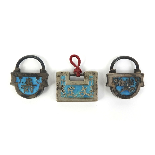 447 - Three Chinese silver coloured metal and enamelled locks, the largest 3.5cm high