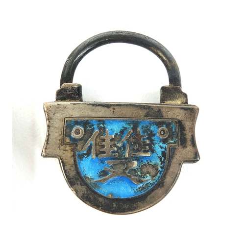 447 - Three Chinese silver coloured metal and enamelled locks, the largest 3.5cm high