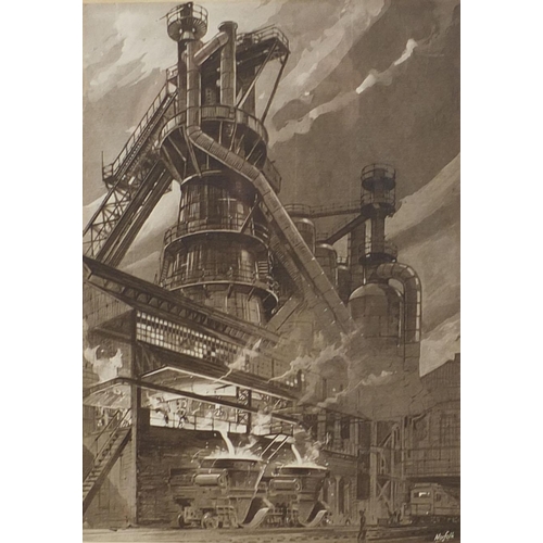 1057 - Pencil signed print, Dagenham electric plant, mounted and framed, 26cm x 18cm excluding the mount an... 