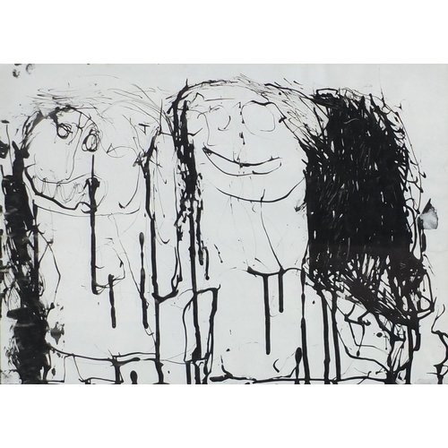 1055 - Ink onto paper abstract composition, two figures, labels verso, mounted and framed, 41cm x29cm exclu... 