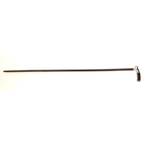 24 - Musical interest silver mounted wooden walking stick, the silver mount inscribed 'Pedro Morales from... 