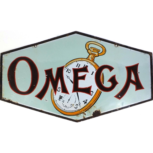 214 - Vintage Omega double sided enamel advertising sign,45cm high x 69cm wide